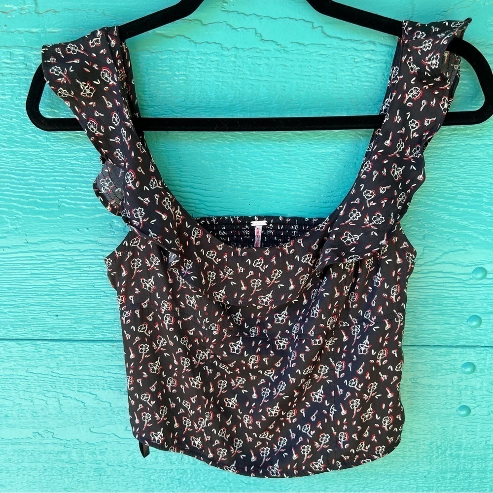 Y2K Free People Stay With You Black Floral Smocked Ruffle Top size XS